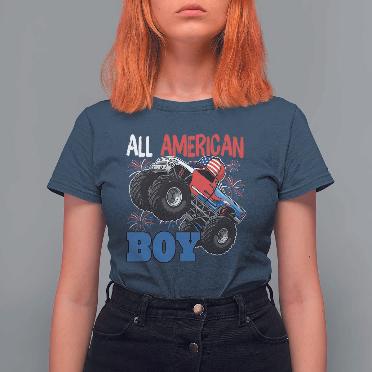 Funny All American Boy 4th Of July T Shirt For Women Monster Trucks American Flag Fireworks - Wonder Print Shop