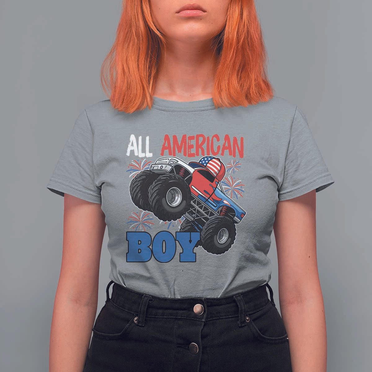 Funny All American Boy 4th Of July T Shirt For Women Monster Trucks American Flag Fireworks - Wonder Print Shop