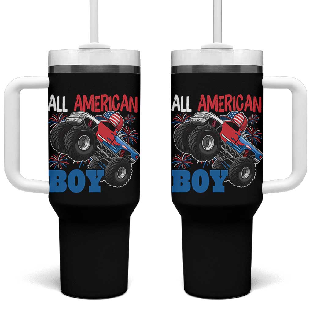 Funny All American Boy 4th Of July Tumbler With Handle Monster Trucks American Flag Fireworks - Wonder Print Shop