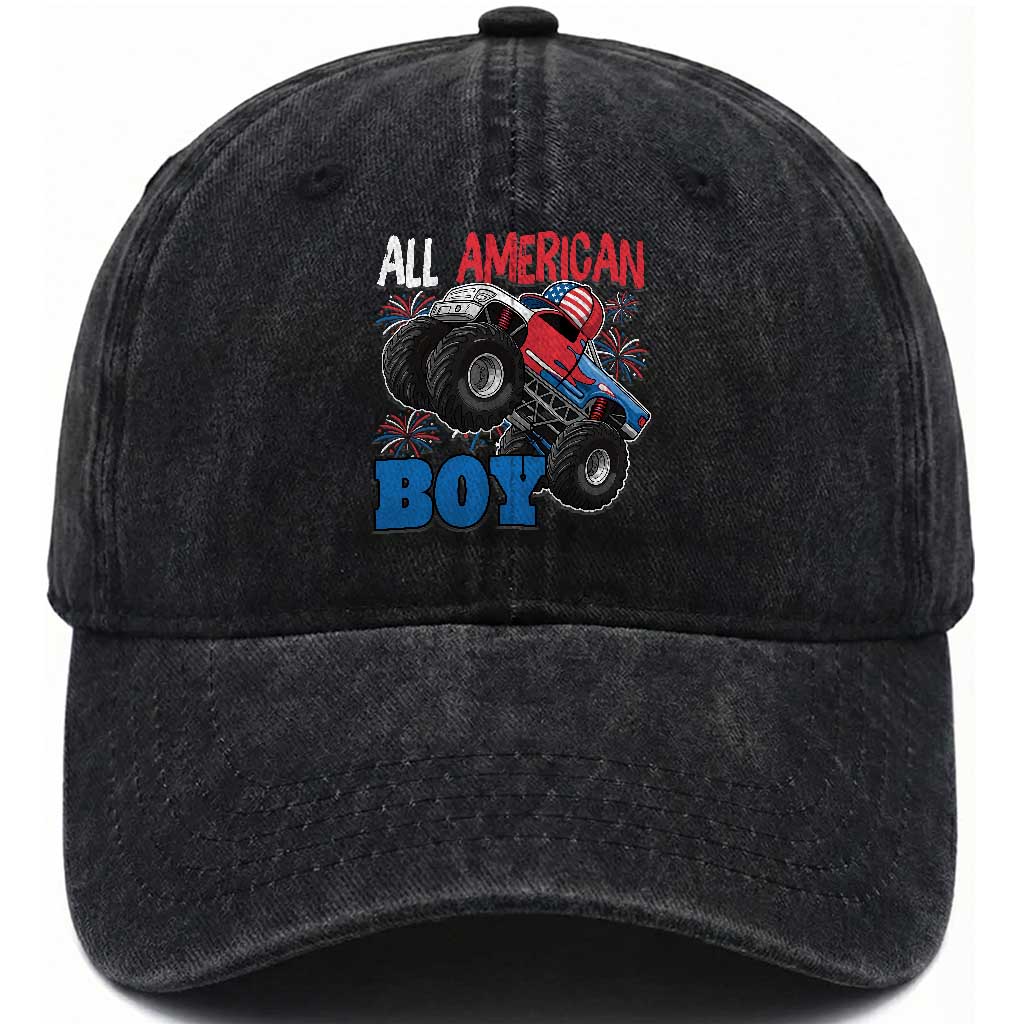 Funny All American Boy 4th Of July Washed Cotton Baseball Cap Monster Trucks American Flag Fireworks
