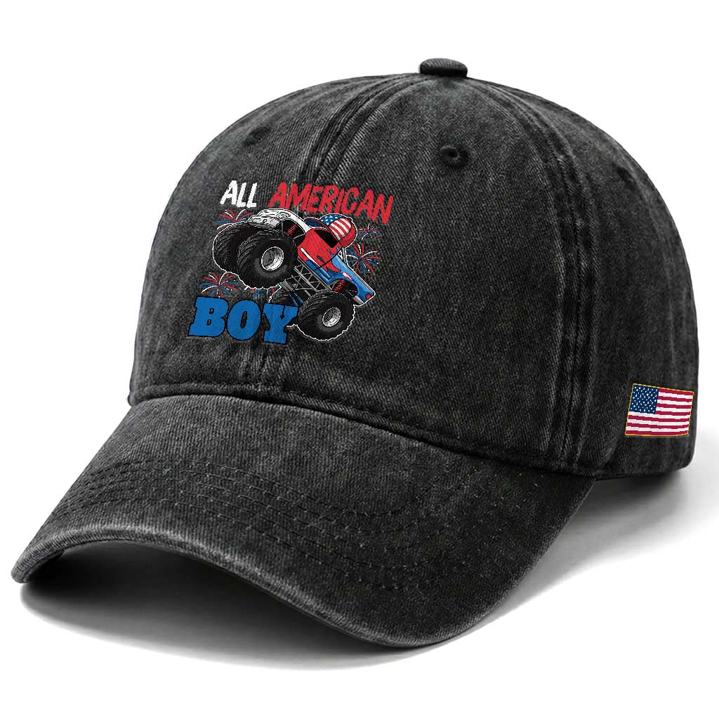 Funny All American Boy 4th Of July Washed Cotton Baseball Cap Monster Trucks American Flag Fireworks