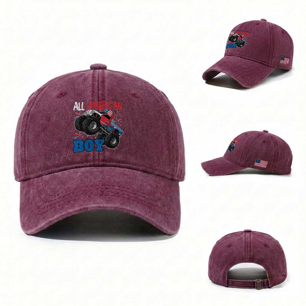 Funny All American Boy 4th Of July Washed Cotton Baseball Cap Monster Trucks American Flag Fireworks