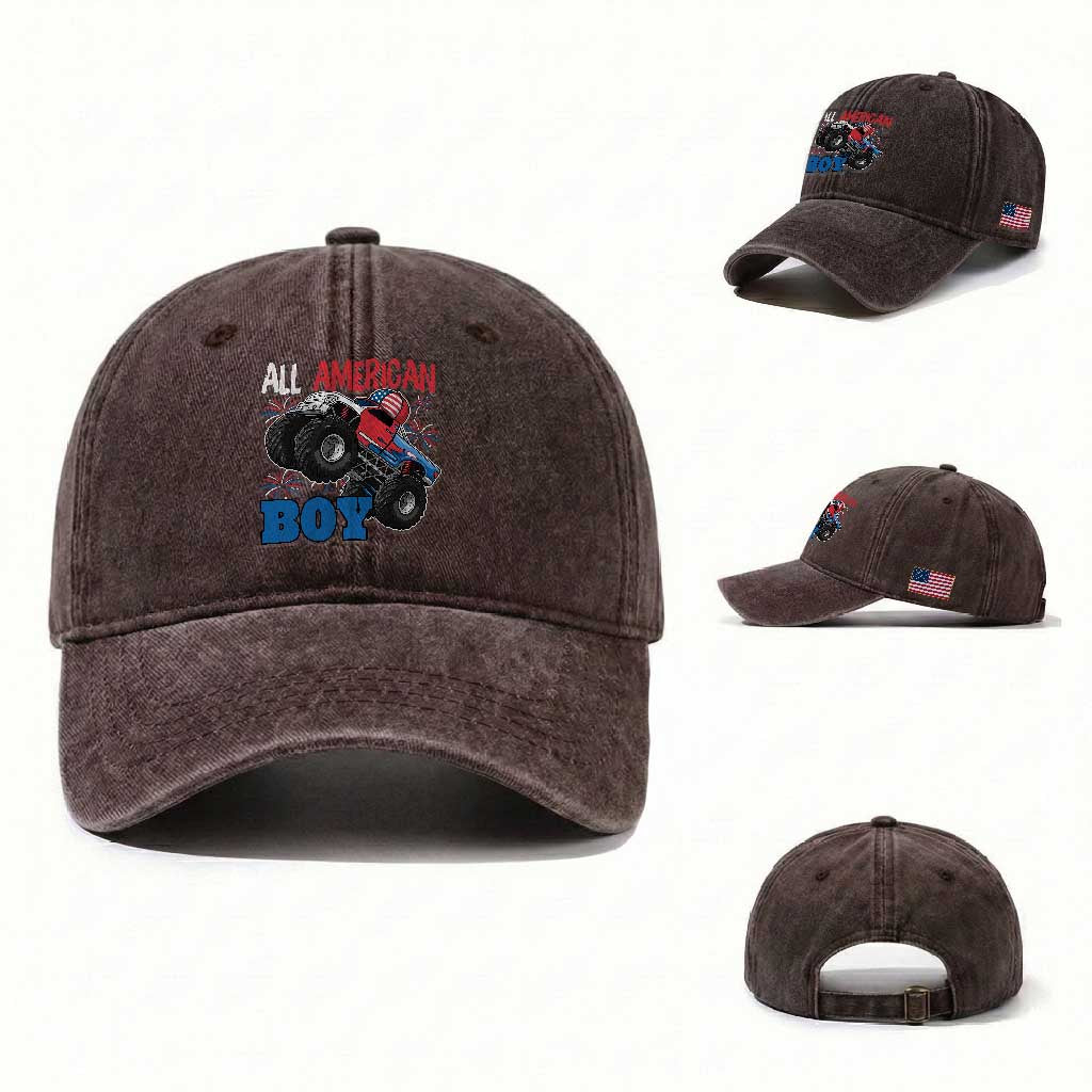 Funny All American Boy 4th Of July Washed Cotton Baseball Cap Monster Trucks American Flag Fireworks