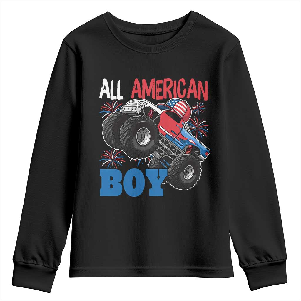 Funny All American Boy 4th Of July Youth Sweatshirt Monster Trucks American Flag Fireworks - Wonder Print Shop