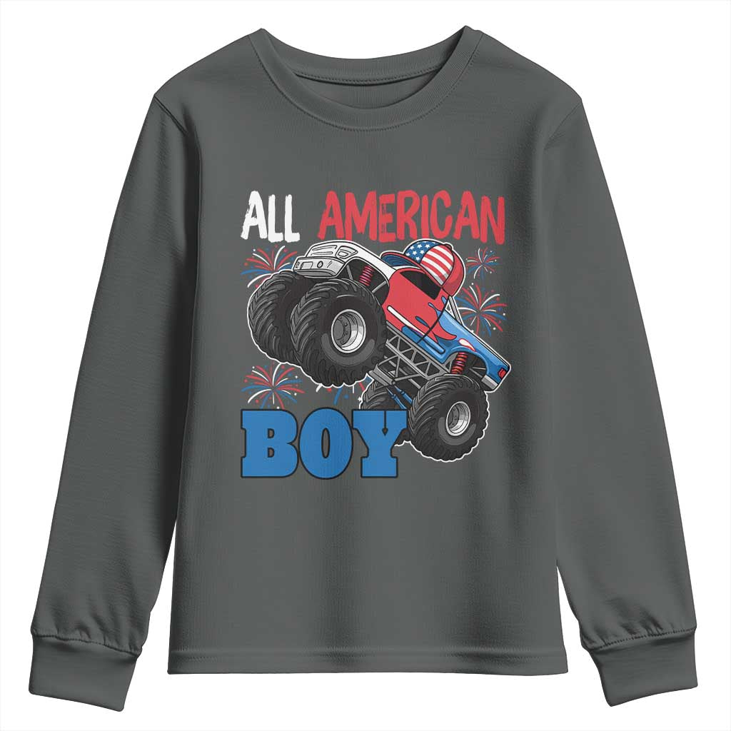 Funny All American Boy 4th Of July Youth Sweatshirt Monster Trucks American Flag Fireworks - Wonder Print Shop