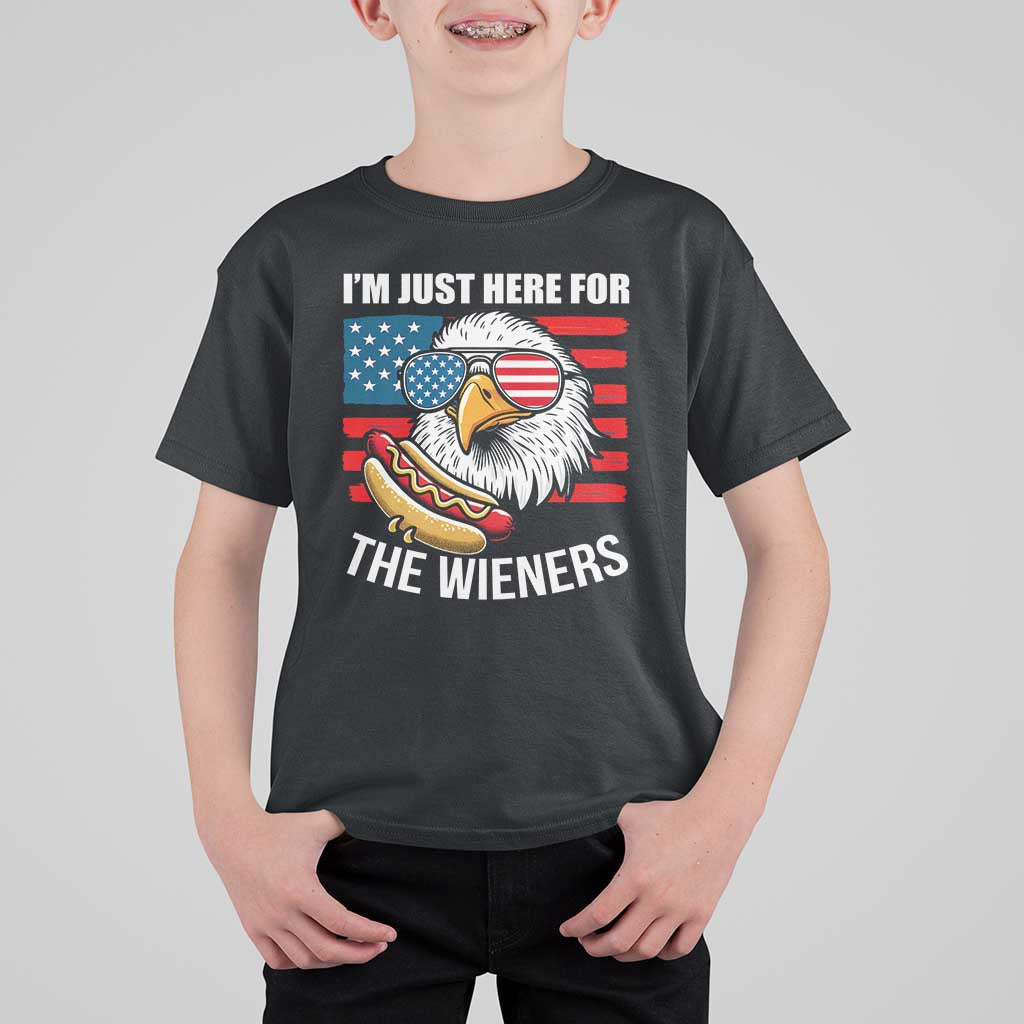 Funny I'm Just Here For The Wieners T Shirt For Kid 4th Of July Bald Eagle Hot Dog Lover - Wonder Print Shop