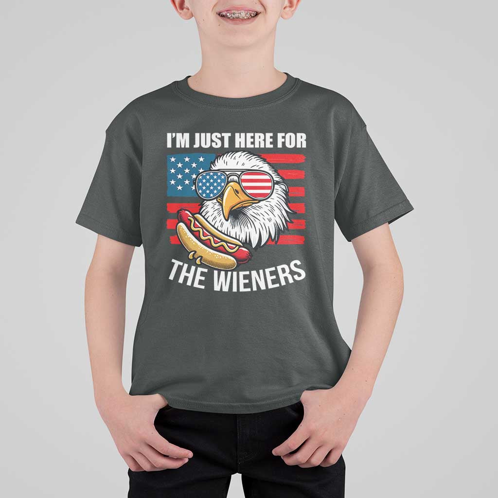 Funny I'm Just Here For The Wieners T Shirt For Kid 4th Of July Bald Eagle Hot Dog Lover - Wonder Print Shop