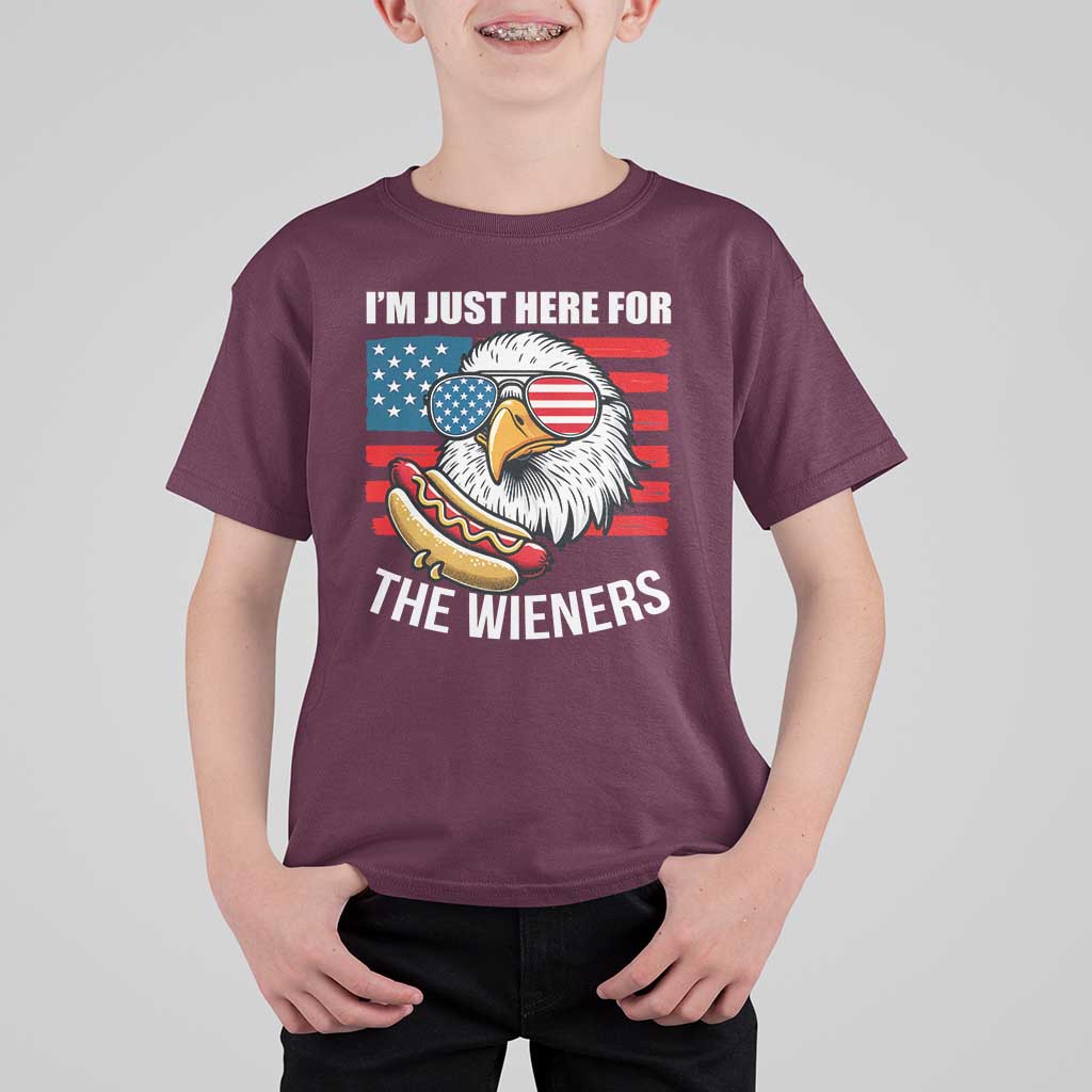Funny I'm Just Here For The Wieners T Shirt For Kid 4th Of July Bald Eagle Hot Dog Lover - Wonder Print Shop