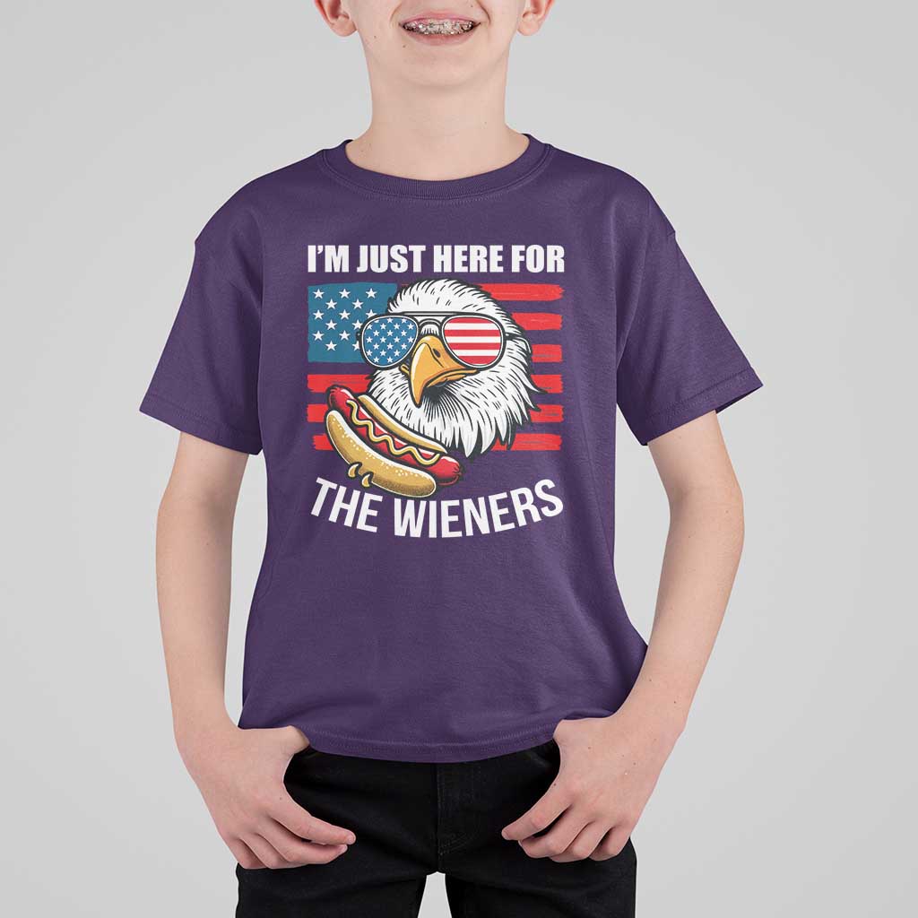 Funny I'm Just Here For The Wieners T Shirt For Kid 4th Of July Bald Eagle Hot Dog Lover - Wonder Print Shop
