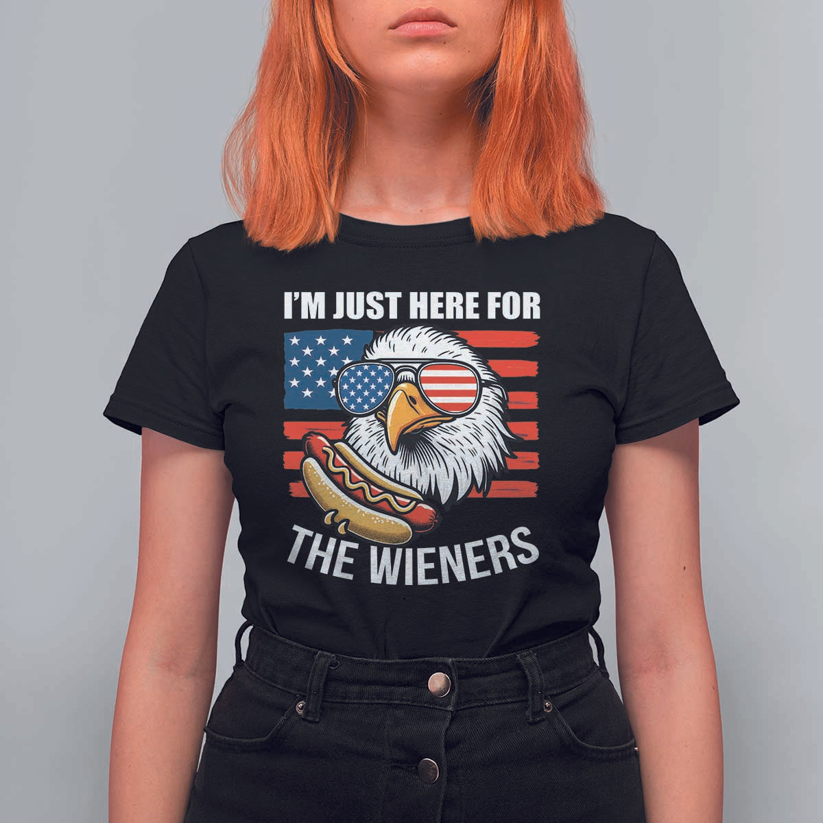 Funny I'm Just Here For The Wieners T Shirt For Women 4th Of July Bald Eagle Hot Dog Lover - Wonder Print Shop