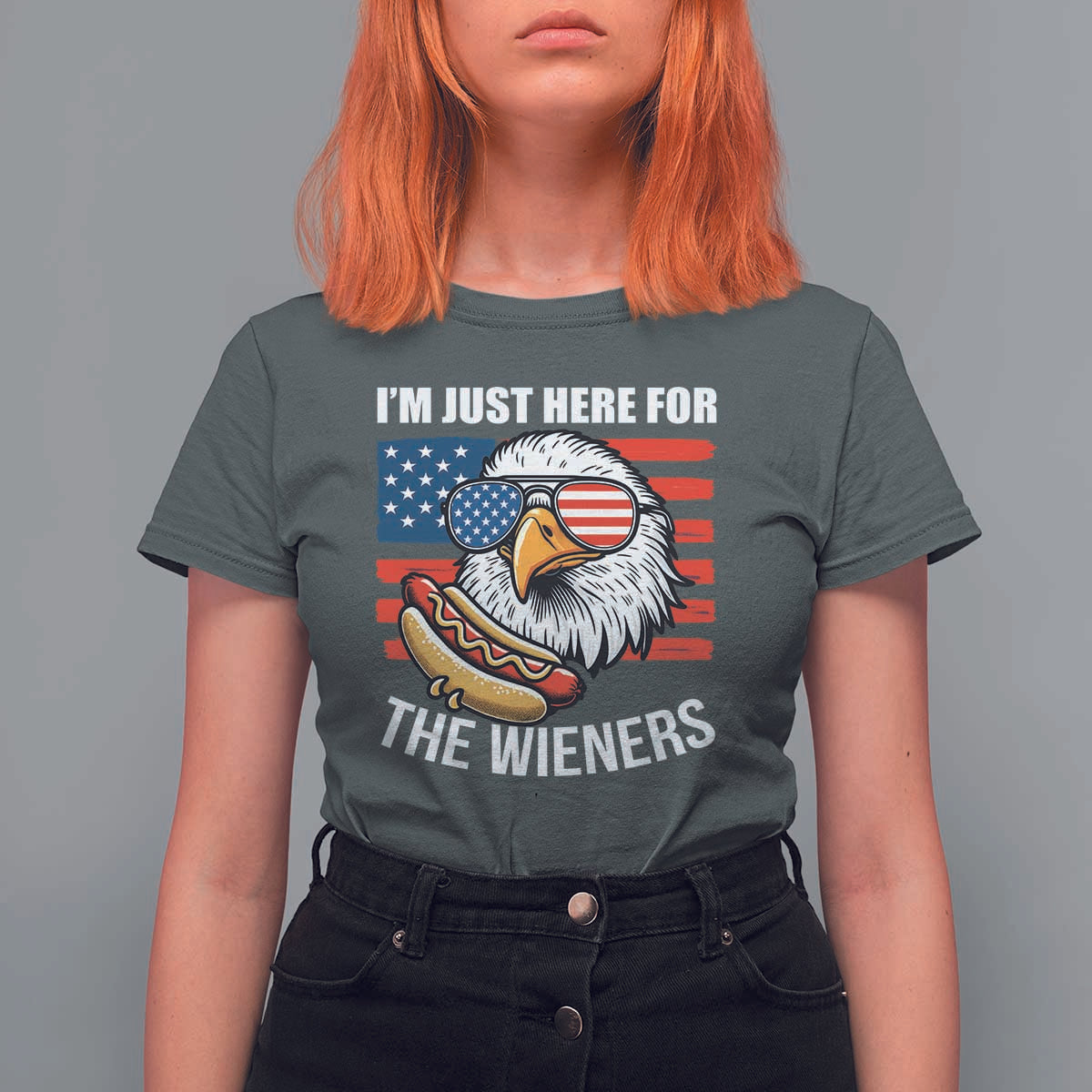 Funny I'm Just Here For The Wieners T Shirt For Women 4th Of July Bald Eagle Hot Dog Lover - Wonder Print Shop