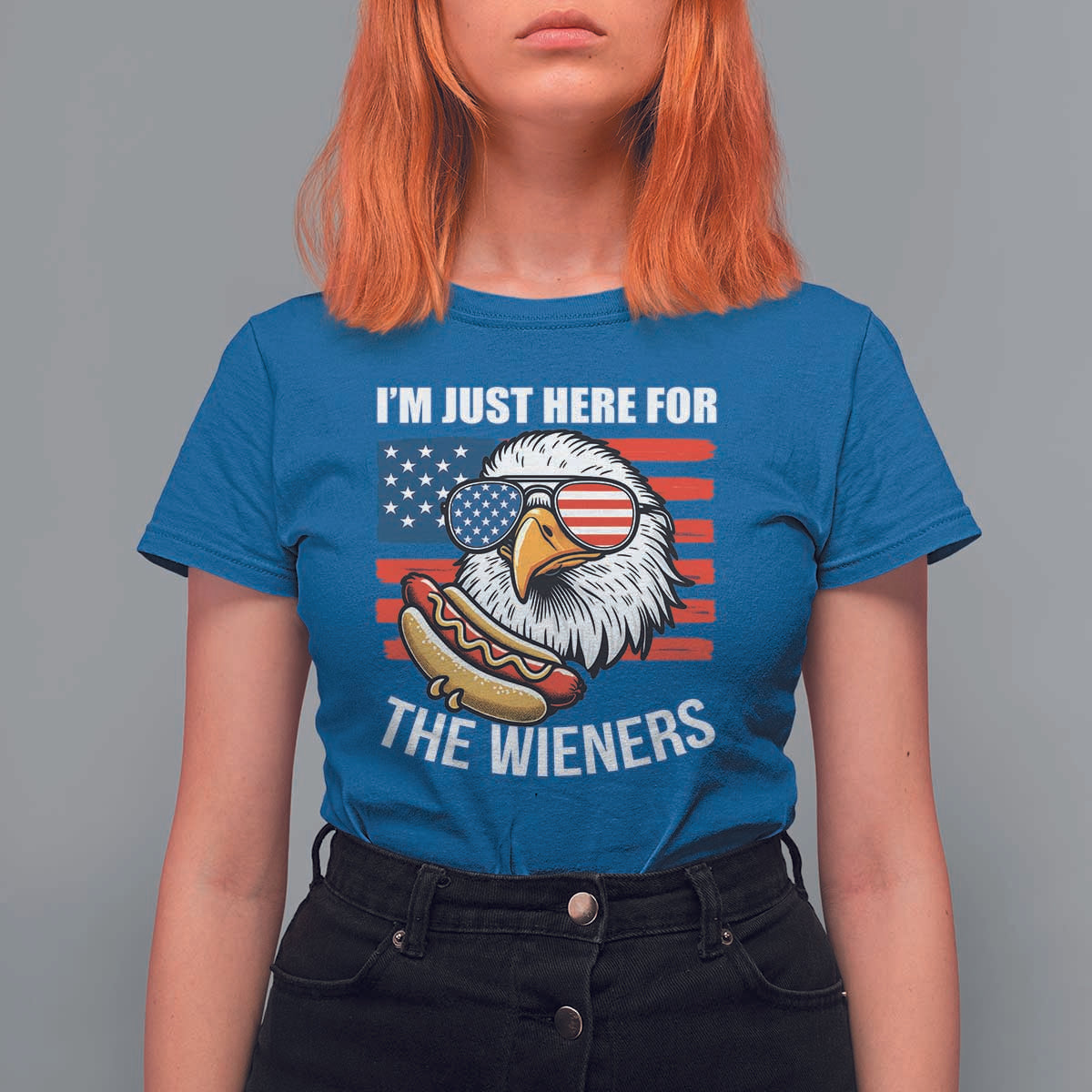 Funny I'm Just Here For The Wieners T Shirt For Women 4th Of July Bald Eagle Hot Dog Lover - Wonder Print Shop