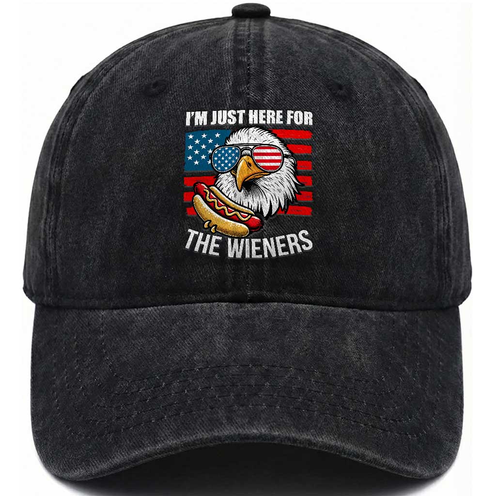 Funny I'm Just Here For The Wieners Washed Cotton Baseball Cap 4th Of July Bald Eagle Hot Dog Lover