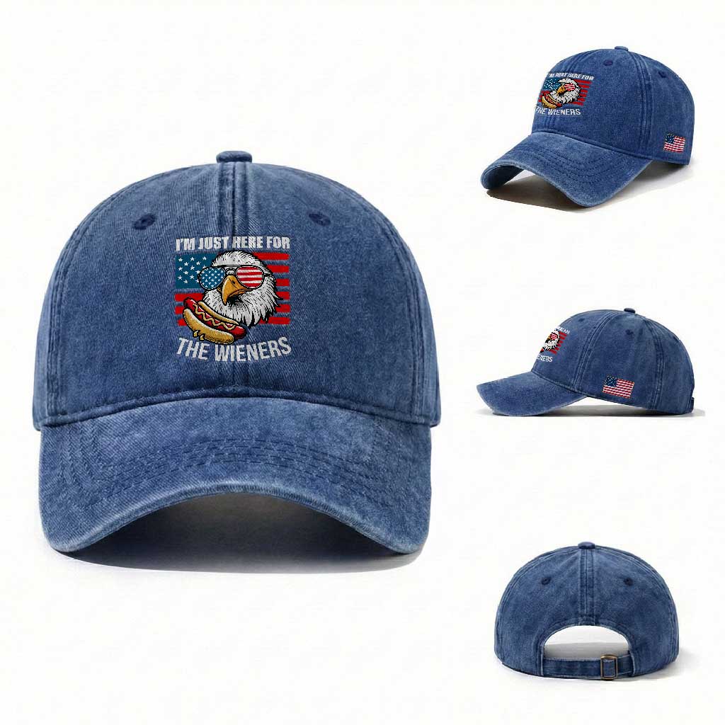 Funny I'm Just Here For The Wieners Washed Cotton Baseball Cap 4th Of July Bald Eagle Hot Dog Lover