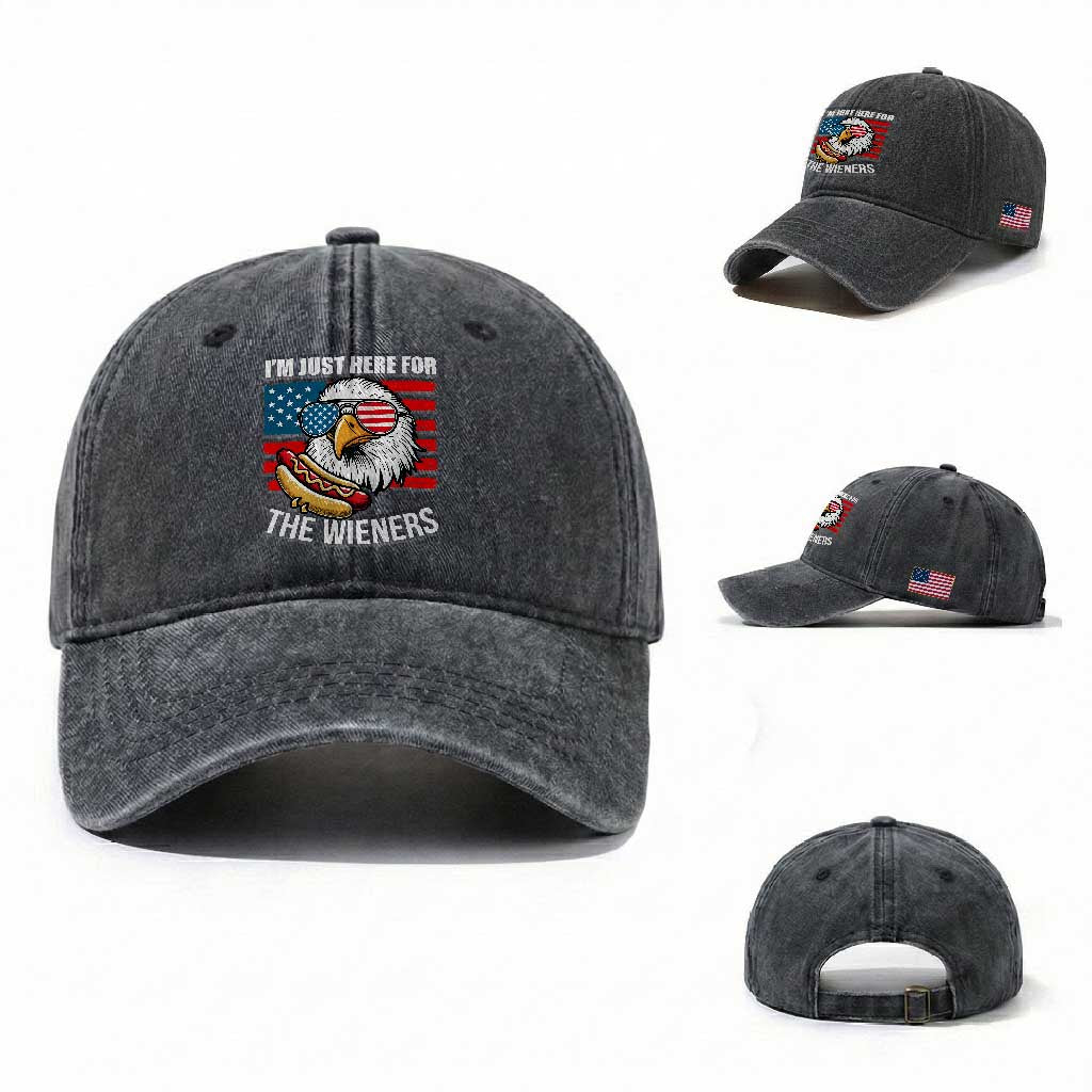 Funny I'm Just Here For The Wieners Washed Cotton Baseball Cap 4th Of July Bald Eagle Hot Dog Lover