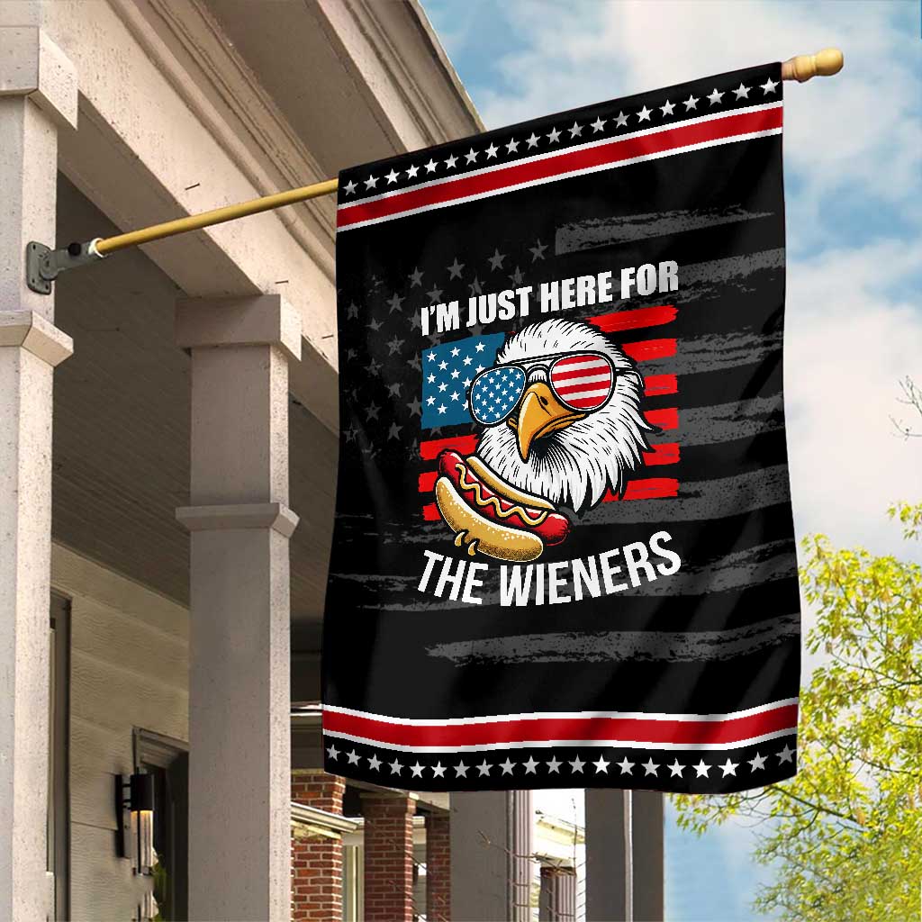 Funny I'm Just Here For The Wieners Garden Flag 4th Of July Bald Eagle Hot Dog Lover