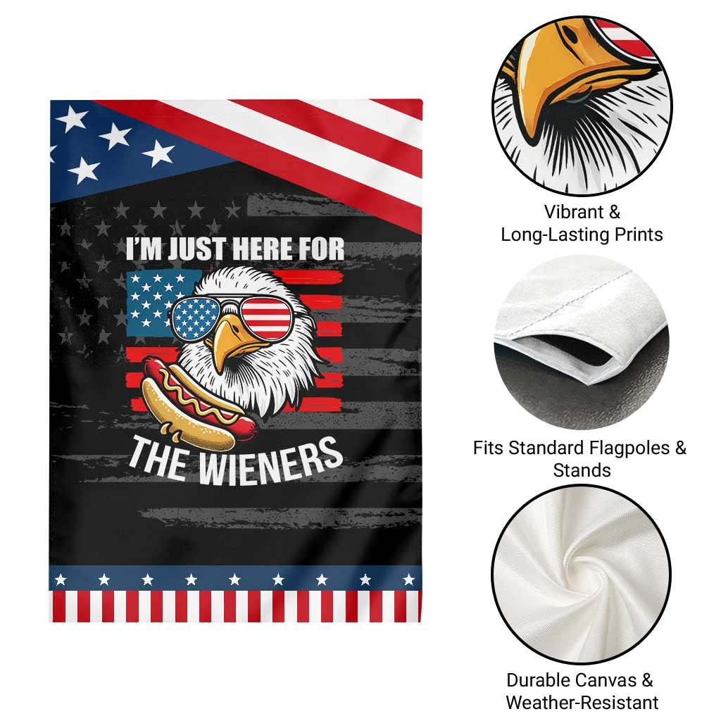 Funny I'm Just Here For The Wieners Garden Flag 4th Of July Bald Eagle Hot Dog Lover