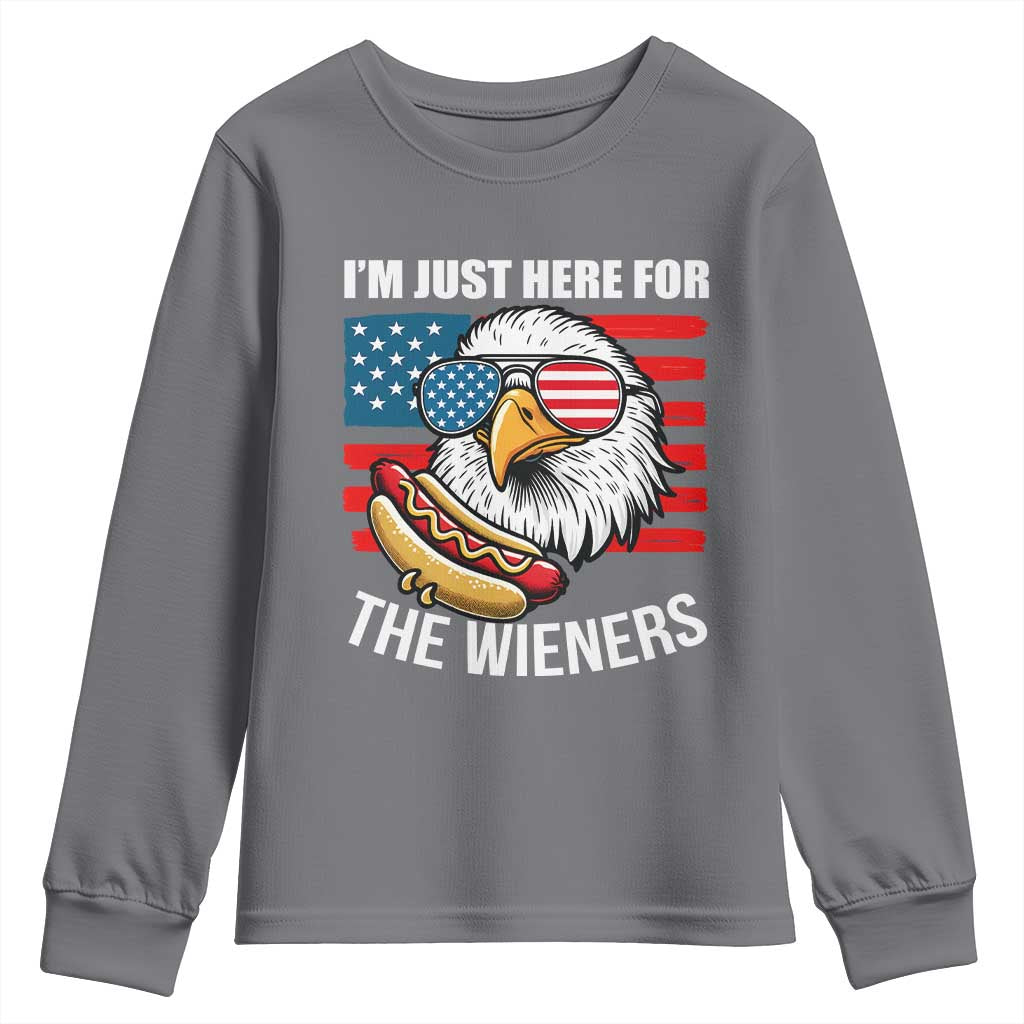 Funny I'm Just Here For The Wieners Youth Sweatshirt 4th Of July Bald Eagle Hot Dog Lover - Wonder Print Shop