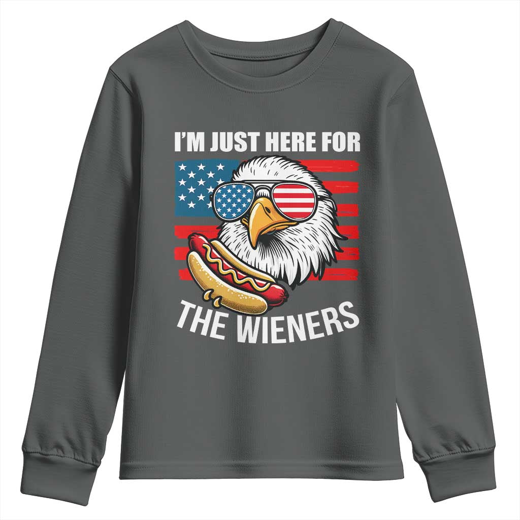 Funny I'm Just Here For The Wieners Youth Sweatshirt 4th Of July Bald Eagle Hot Dog Lover - Wonder Print Shop