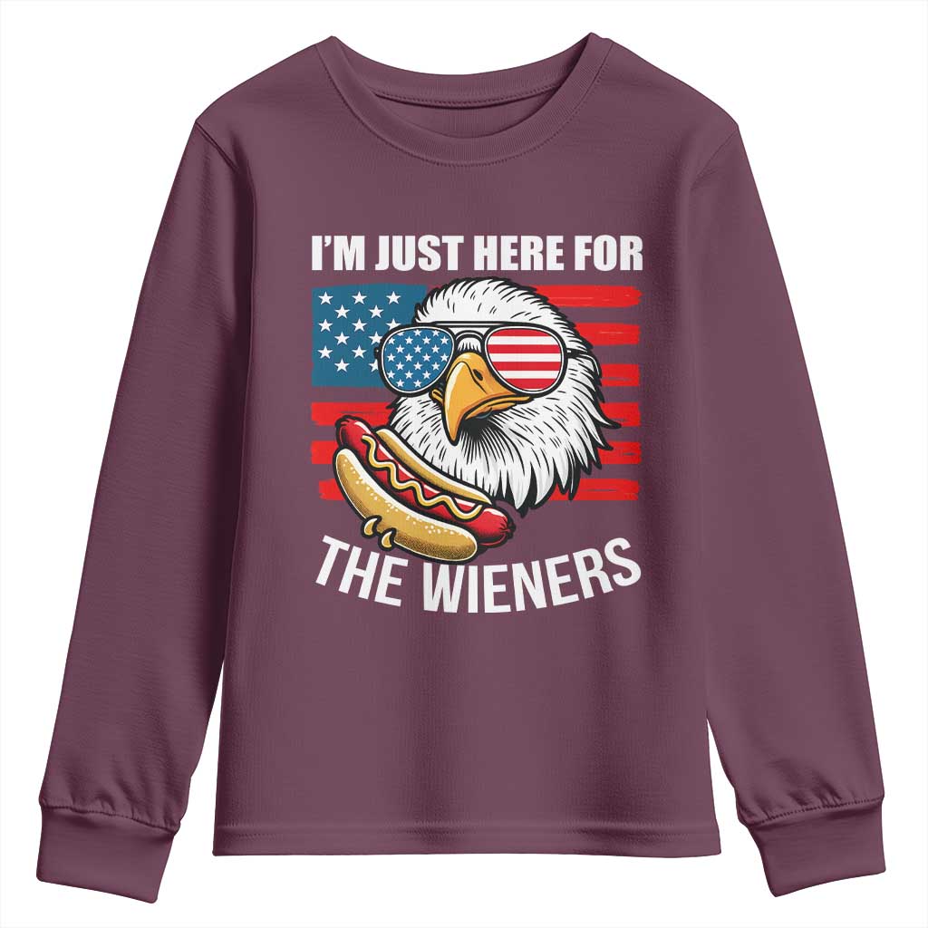Funny I'm Just Here For The Wieners Youth Sweatshirt 4th Of July Bald Eagle Hot Dog Lover - Wonder Print Shop