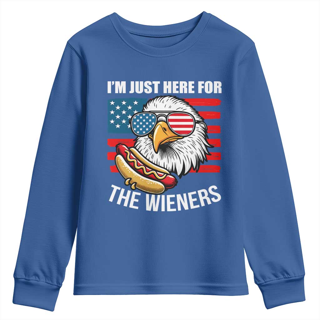 Funny I'm Just Here For The Wieners Youth Sweatshirt 4th Of July Bald Eagle Hot Dog Lover - Wonder Print Shop