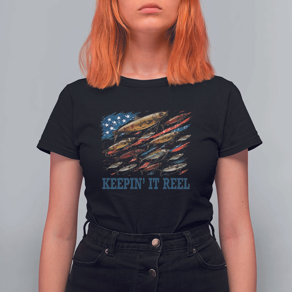 Funny Fisherman Keepin It Reel T Shirt For Women Fishing Lure American Flag Bass Fishing - Wonder Print Shop