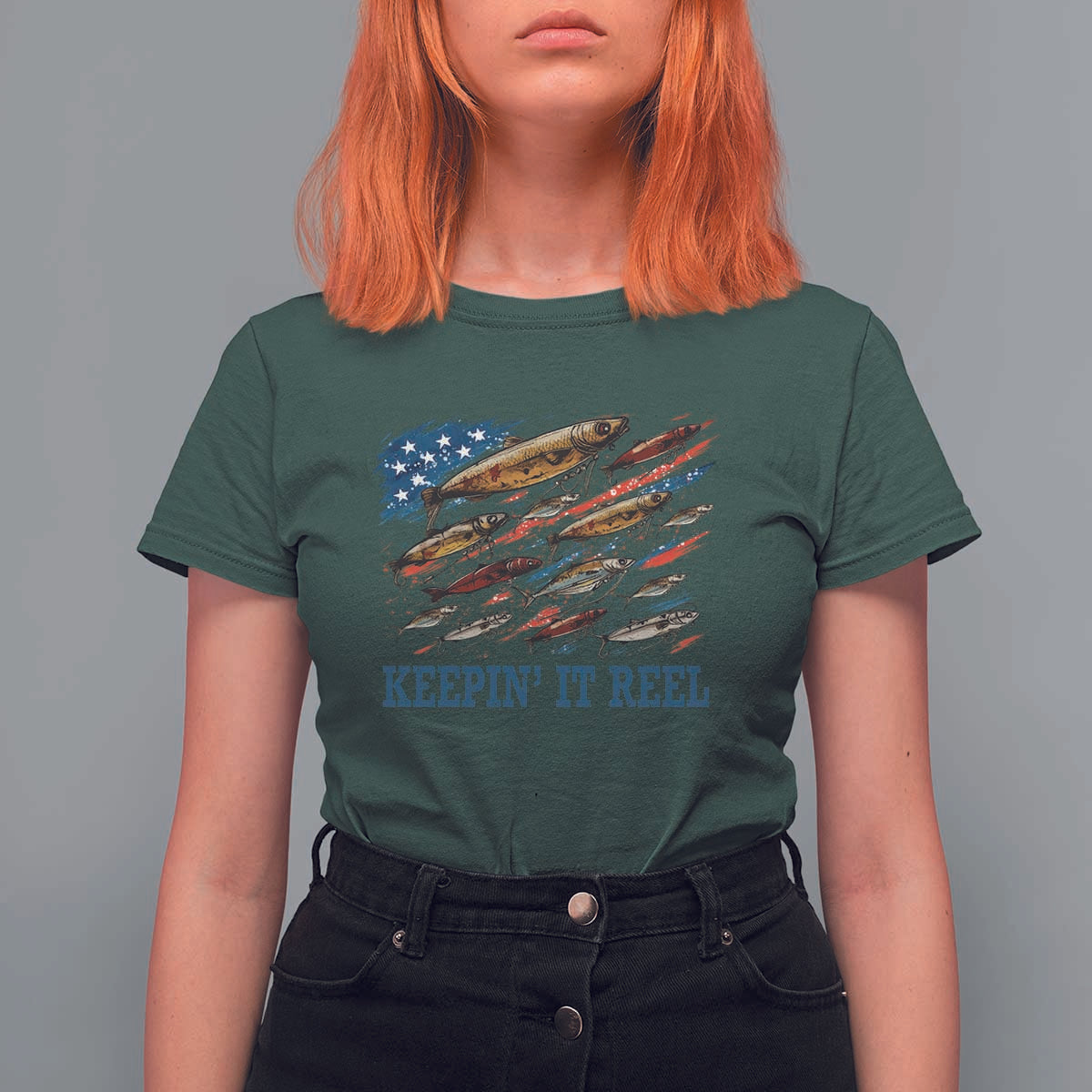 Funny Fisherman Keepin It Reel T Shirt For Women Fishing Lure American Flag Bass Fishing - Wonder Print Shop