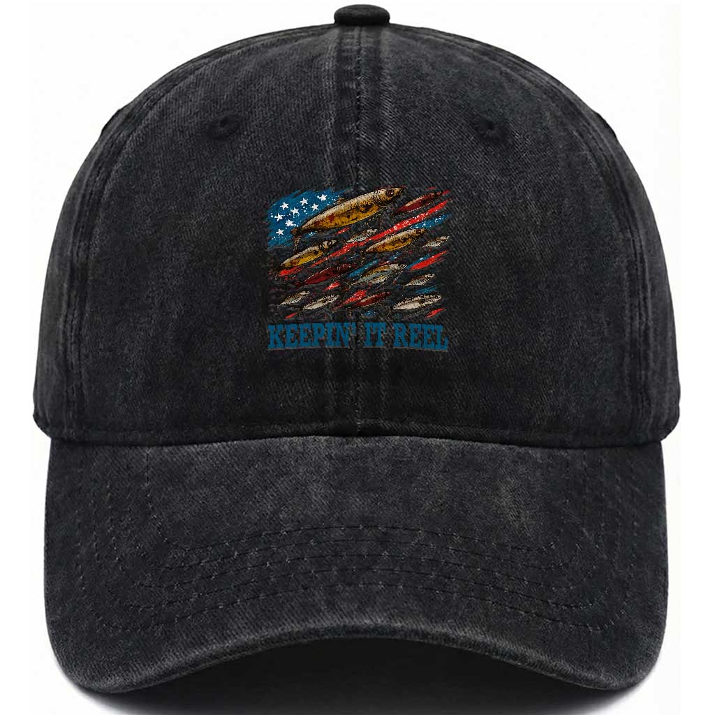 Funny Fisherman Keepin It Reel Washed Cotton Baseball Cap Fishing Lure American Flag Bass Fishing