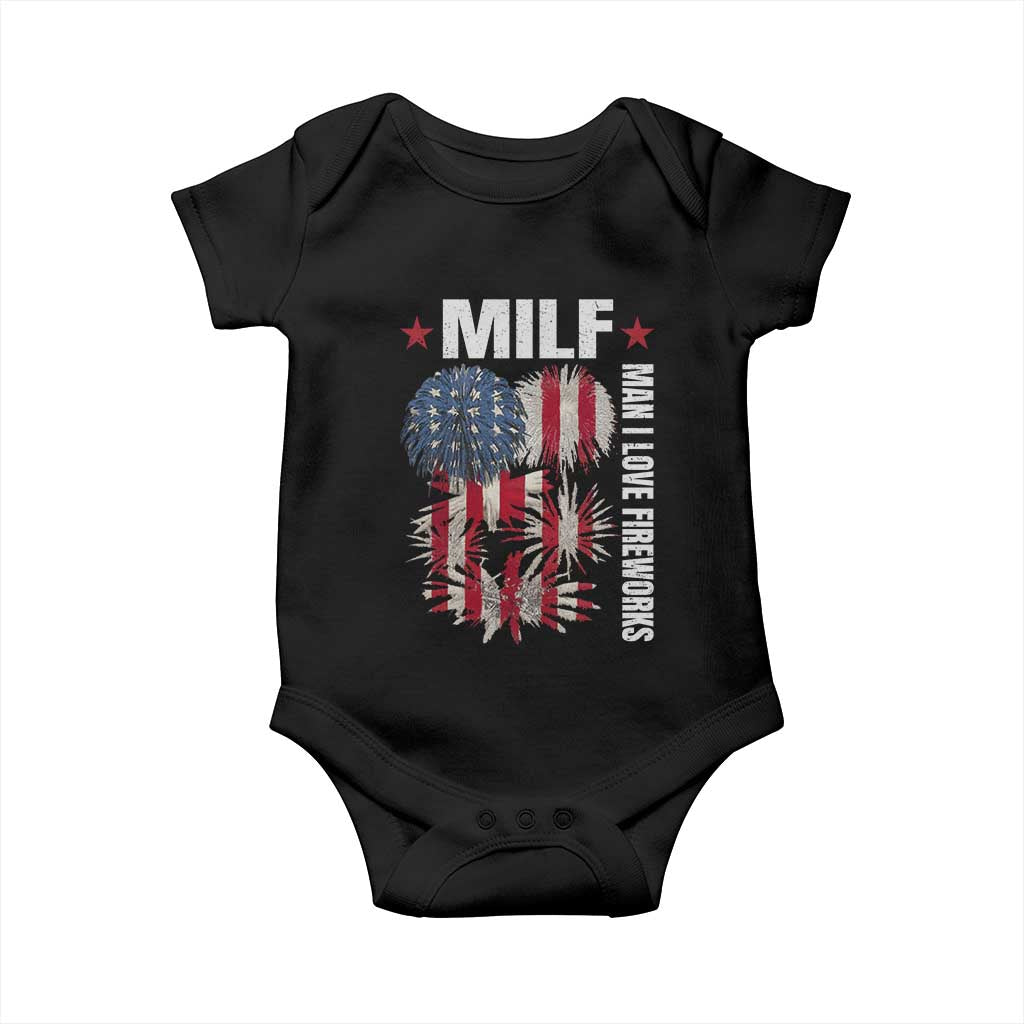 Funny MILF Man I Love Fireworks Baby Onesie American Patriotic July 4th US Flag - Wonder Print Shop