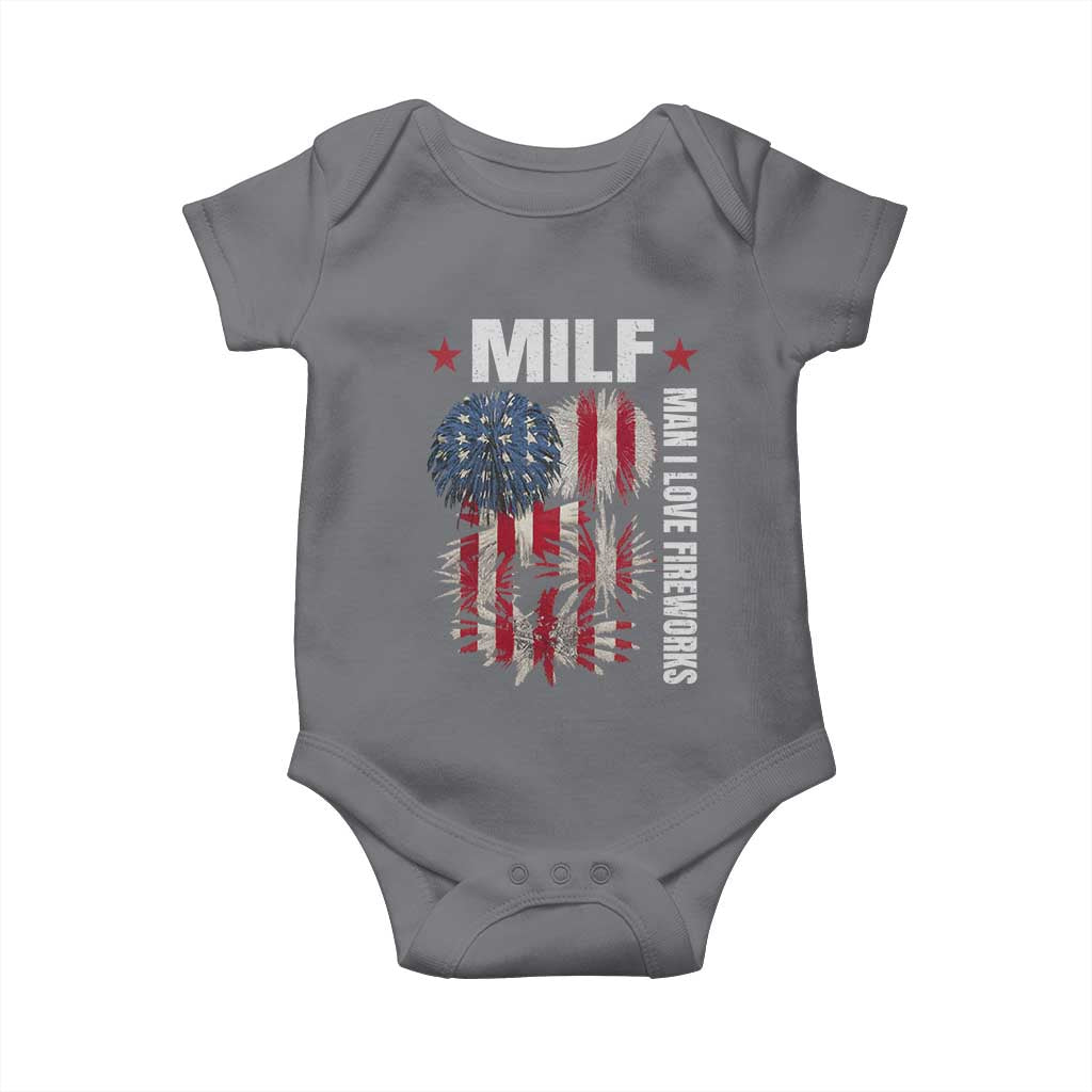 Funny MILF Man I Love Fireworks Baby Onesie American Patriotic July 4th US Flag - Wonder Print Shop