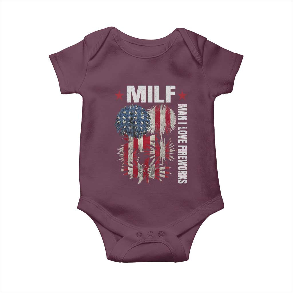 Funny MILF Man I Love Fireworks Baby Onesie American Patriotic July 4th US Flag - Wonder Print Shop