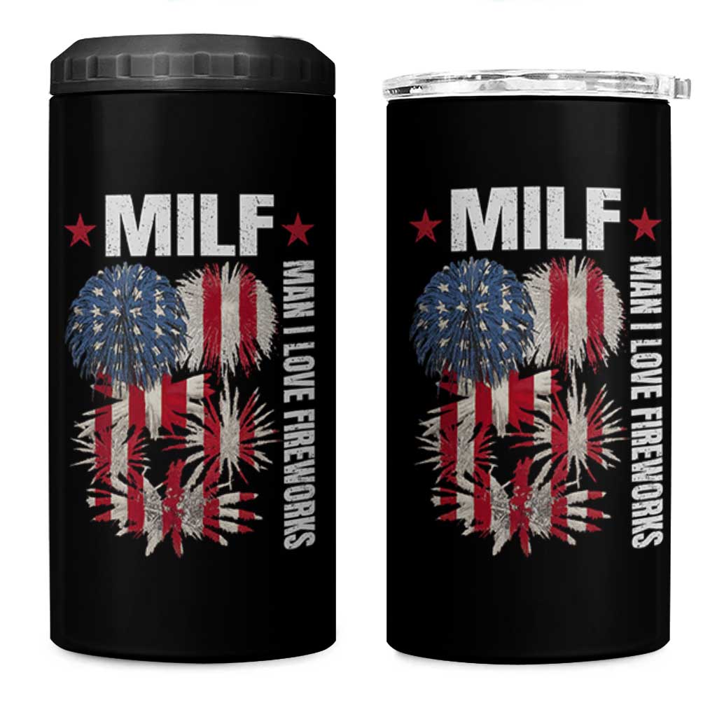 Funny MILF Man I Love Fireworks 4 in 1 Can Cooler Tumbler American Patriotic July 4th US Flag - Wonder Print Shop