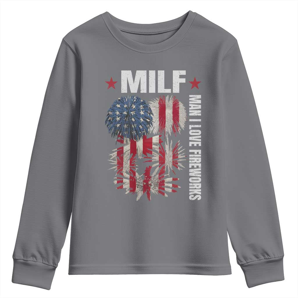 Funny MILF Man I Love Fireworks Youth Sweatshirt American Patriotic July 4th US Flag - Wonder Print Shop
