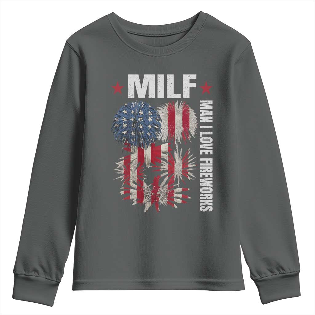 Funny MILF Man I Love Fireworks Youth Sweatshirt American Patriotic July 4th US Flag - Wonder Print Shop
