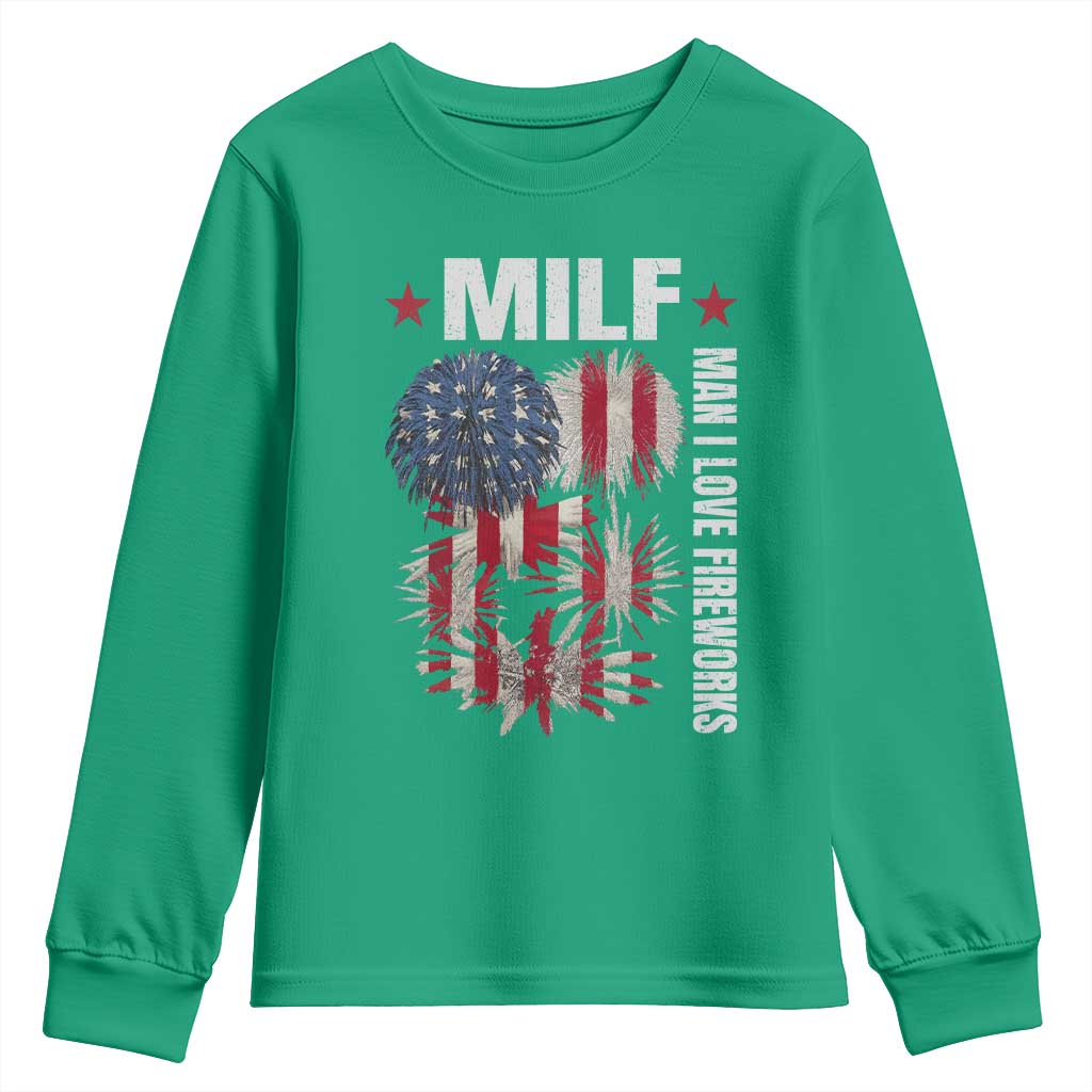 Funny MILF Man I Love Fireworks Youth Sweatshirt American Patriotic July 4th US Flag - Wonder Print Shop