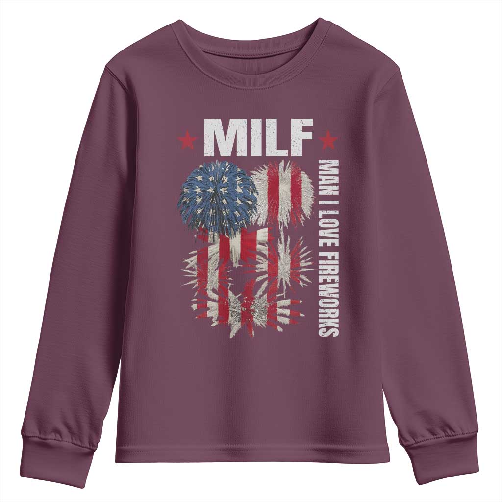 Funny MILF Man I Love Fireworks Youth Sweatshirt American Patriotic July 4th US Flag - Wonder Print Shop