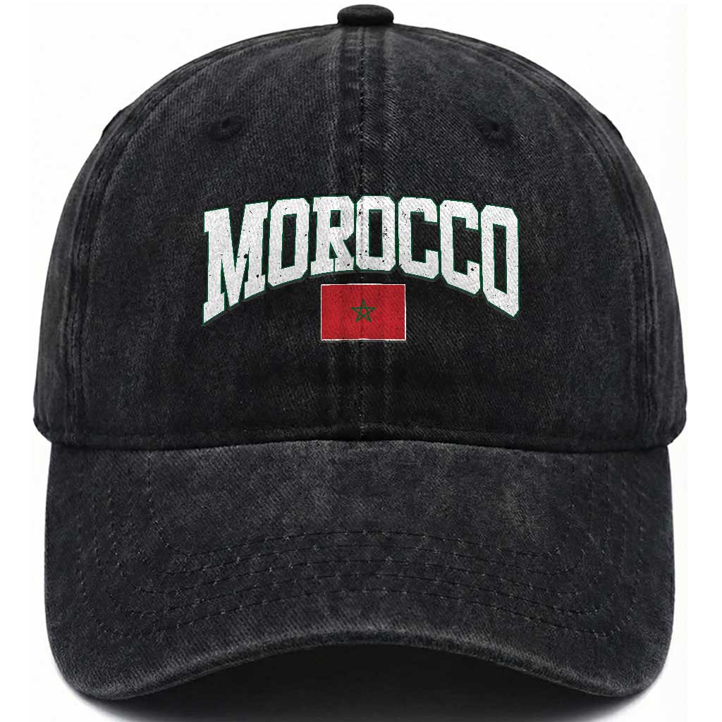 Morocco Football Throwback Design Vintage Moroccan Flag Jersey Style Washed Cotton Baseball Cap