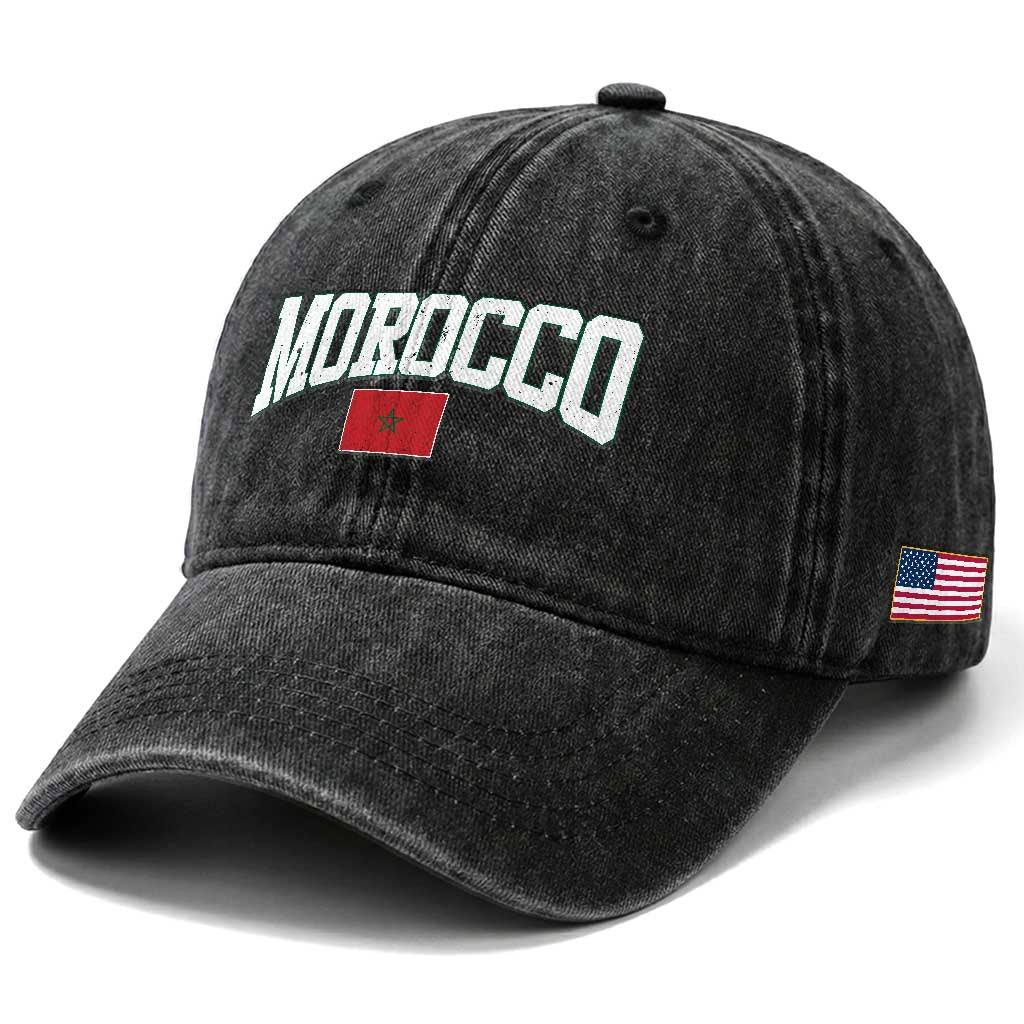 Morocco Football Throwback Design Vintage Moroccan Flag Jersey Style Washed Cotton Baseball Cap