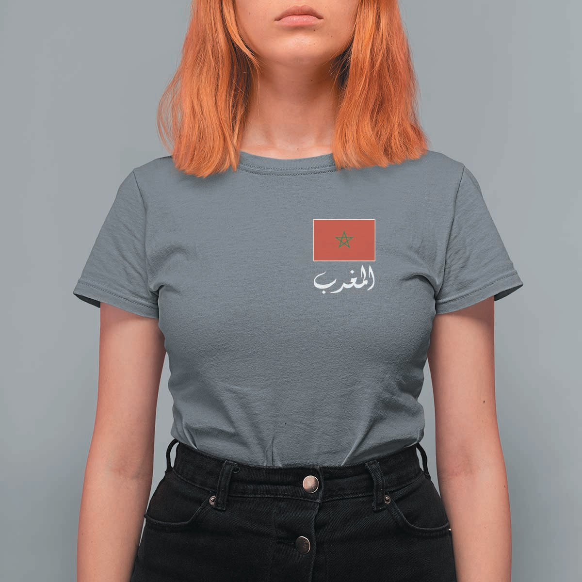 Moroccan Heritage Vintage Marocco Flag with Arabic Characters T Shirt For Women