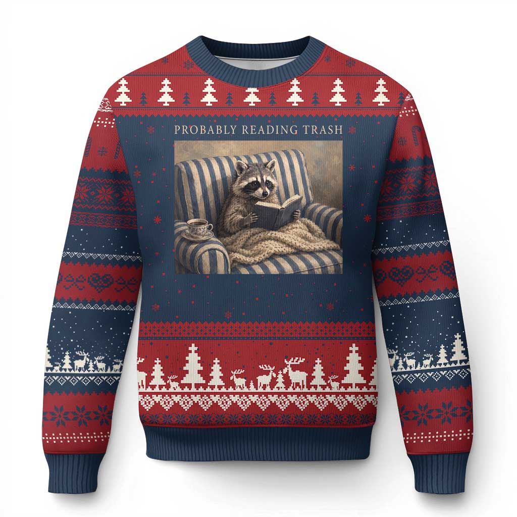 Funny Raccoon Book Lover Ugly Christmas Sweater Probably Reading Trash Bookworms Teachers