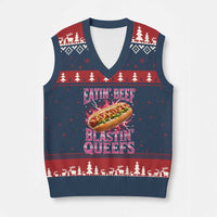 Eatin Beef Blastin' Queefs Funny Embarrassing Hot Dog Retro Bootleg V-Neck Knit Sweater Vest