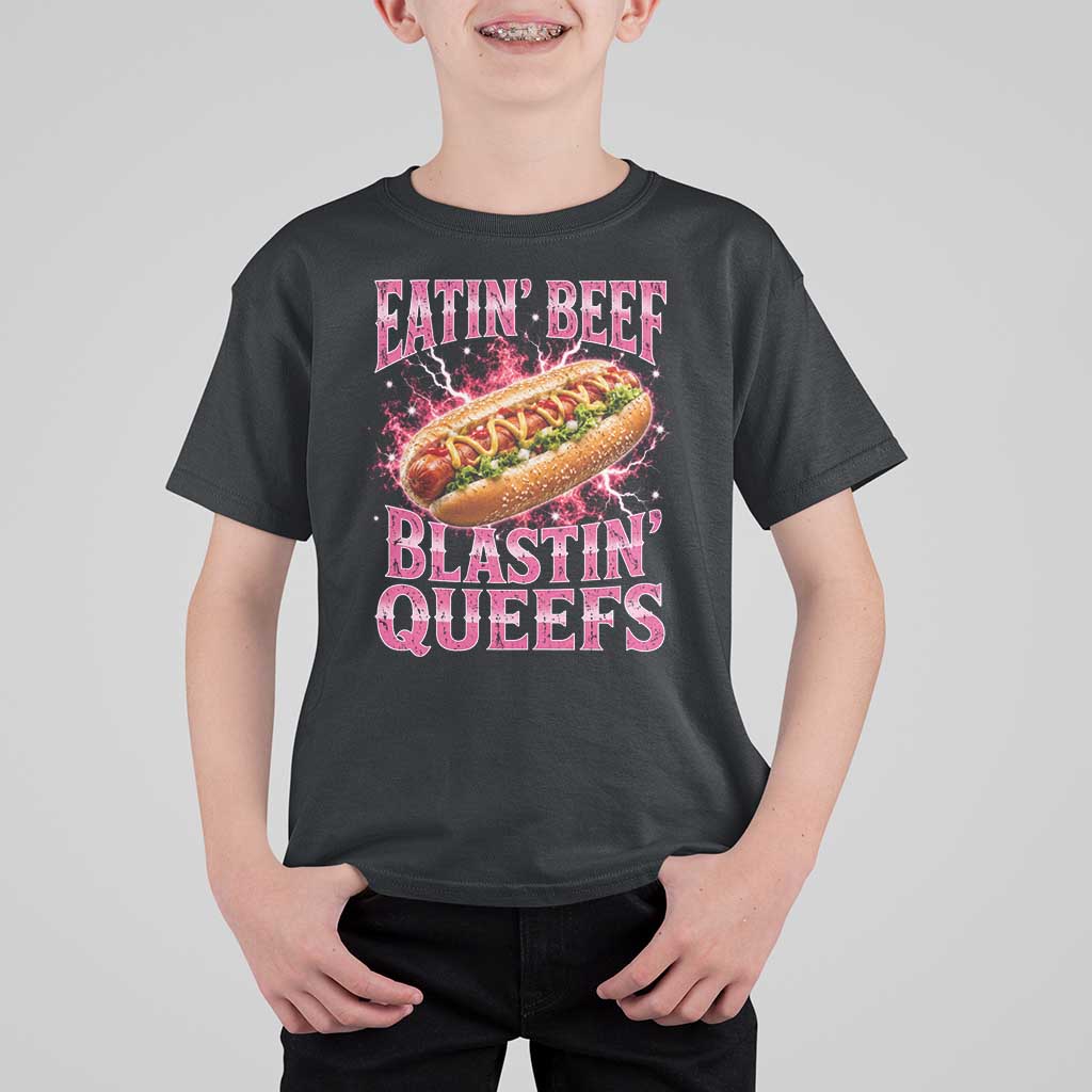 Eatin Beef Blastin' Queefs Funny Embarrassing Hot Dog Retro Bootleg T Shirt For Kid