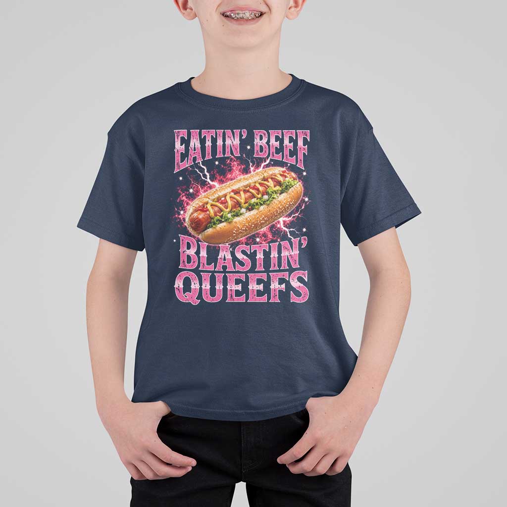 Eatin Beef Blastin' Queefs Funny Embarrassing Hot Dog Retro Bootleg T Shirt For Kid