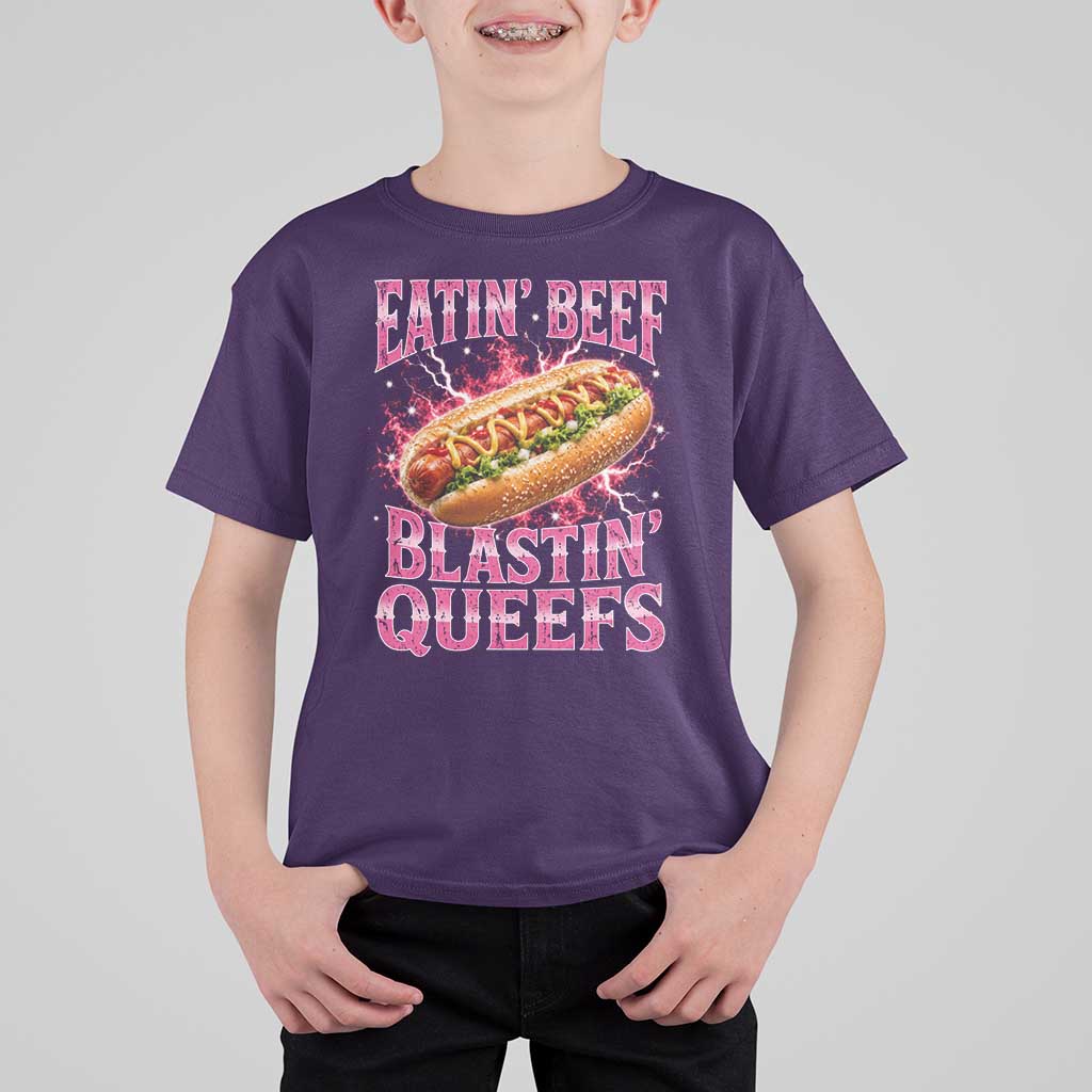 Eatin Beef Blastin' Queefs Funny Embarrassing Hot Dog Retro Bootleg T Shirt For Kid
