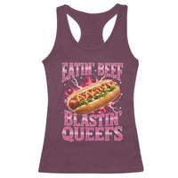 Eatin Beef Blastin' Queefs Funny Embarrassing Hot Dog Retro Bootleg Racerback Tank Top