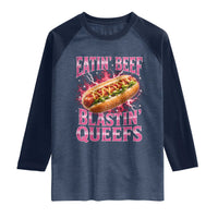 Eatin Beef Blastin' Queefs Funny Embarrassing Hot Dog Retro Bootleg Raglan Shirt