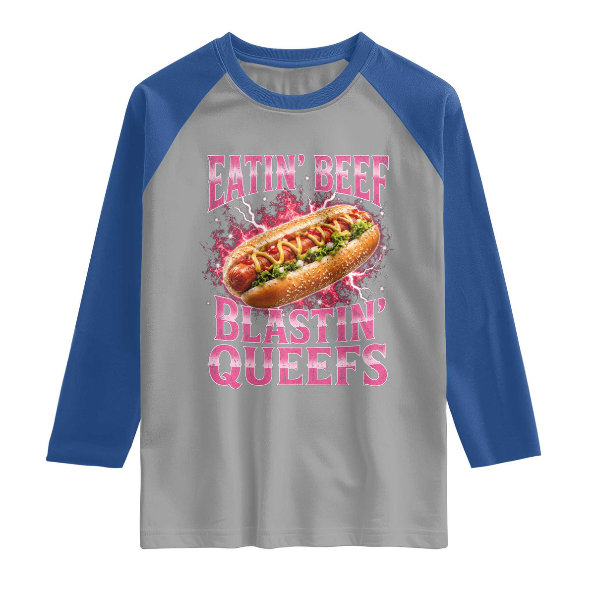 Eatin Beef Blastin' Queefs Funny Embarrassing Hot Dog Retro Bootleg Raglan Shirt