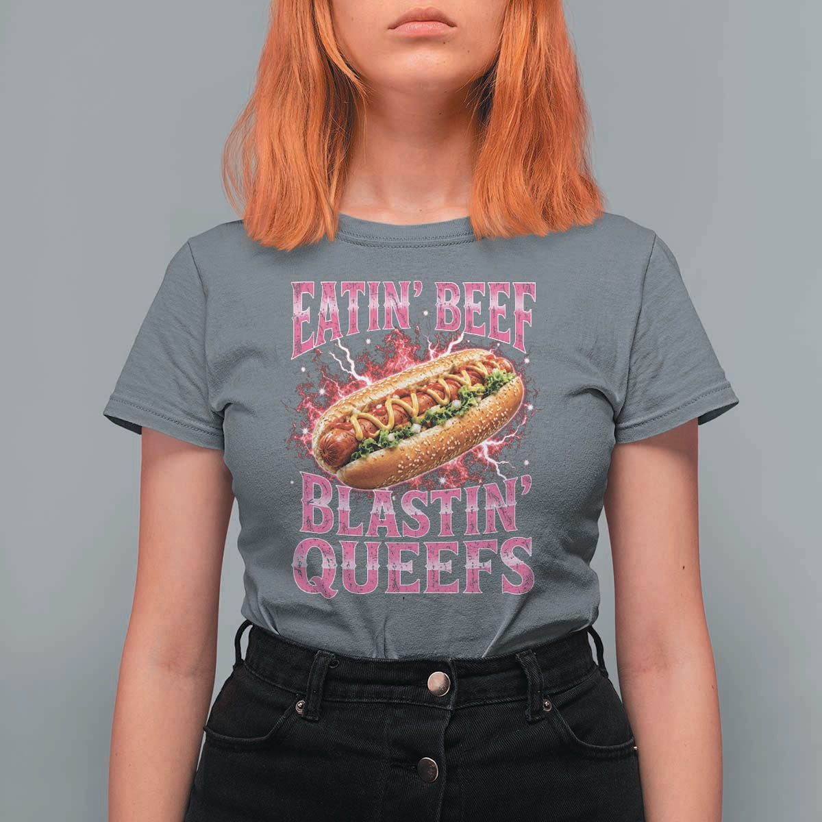 Eatin Beef Blastin' Queefs Funny Embarrassing Hot Dog Retro Bootleg T Shirt For Women