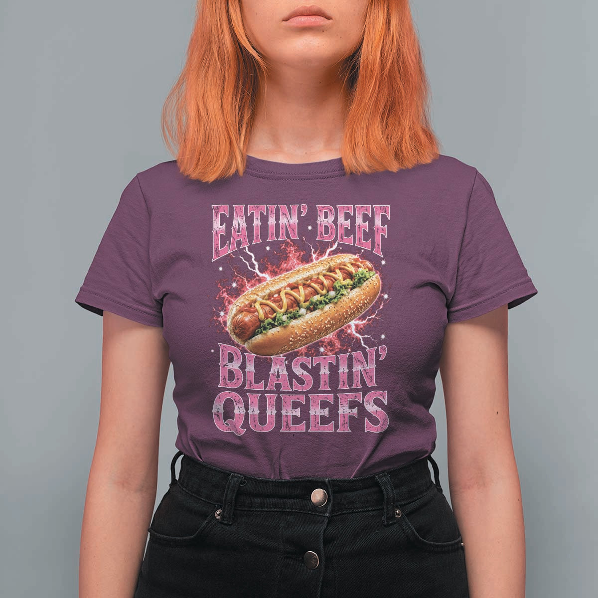 Eatin Beef Blastin' Queefs Funny Embarrassing Hot Dog Retro Bootleg T Shirt For Women
