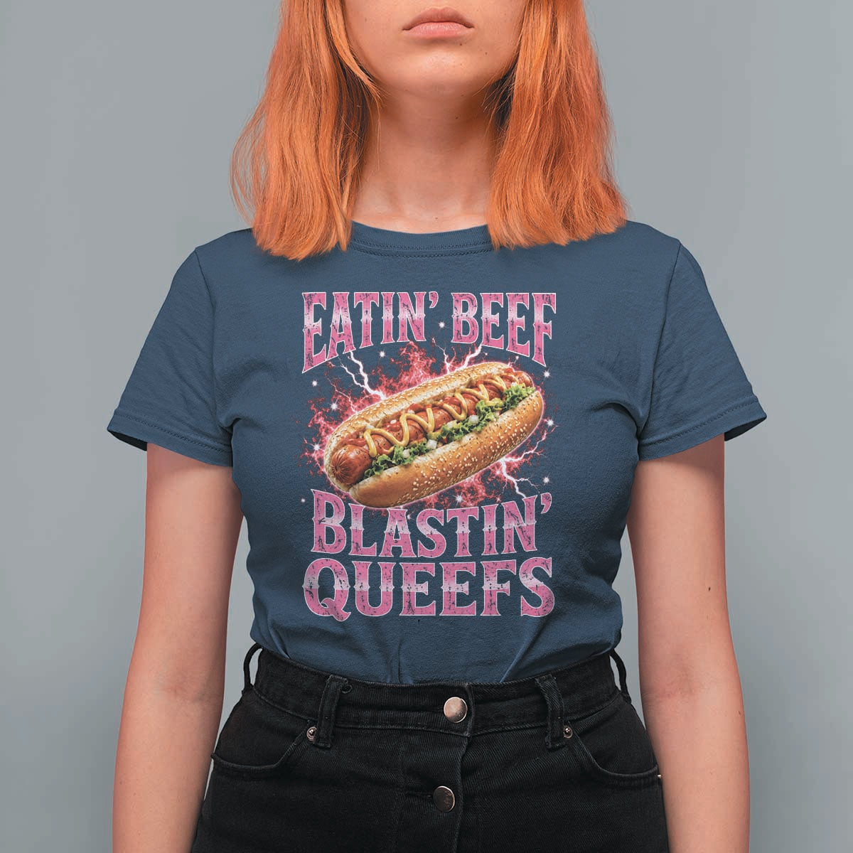 Eatin Beef Blastin' Queefs Funny Embarrassing Hot Dog Retro Bootleg T Shirt For Women
